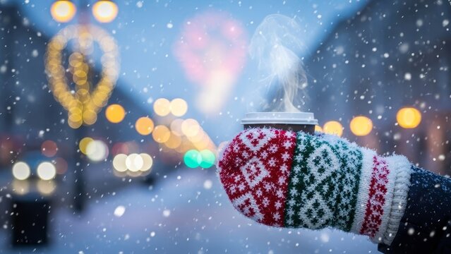 Cozy winter moment with steaming hot coffee on snowy city street