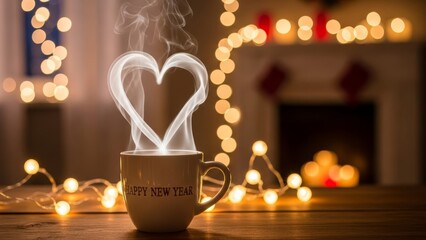 Cozy New Year celebration with heart shaped steam from a Happy New Year mug