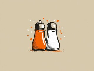Illustration of two stylized seasoning shakers, one orange and one white, with surrounding speckles, on a neutral background