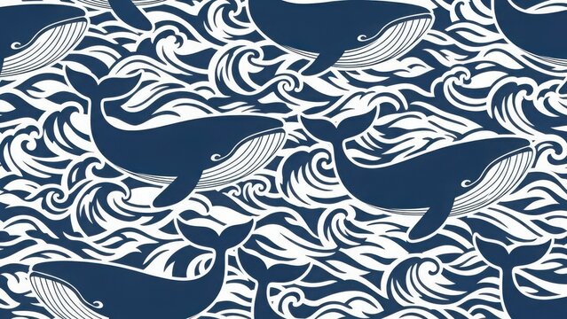 Blue whale seamless pattern with stylized ocean waves. Graphic nautical wildlife illustration. Repeating decorative vector background