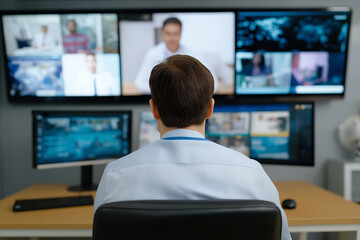 This image shows a professional sitting in front of multiple screens displaying various video calls, highlighting the contemporary work dynamics and reliance on digital communication.