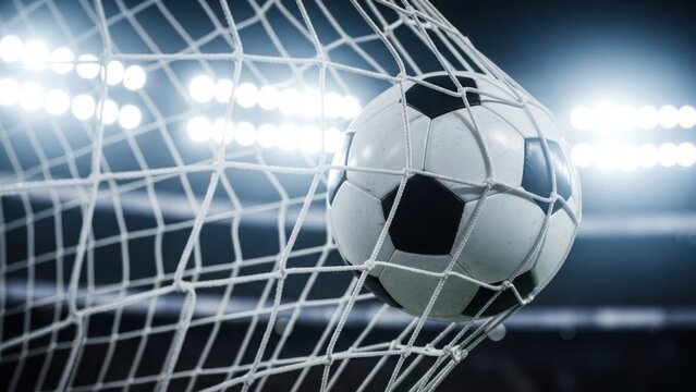 Soccer ball scoring a goal in the net. Close-up of a football hitting the back of the net at night. Victory and success in a sports competition