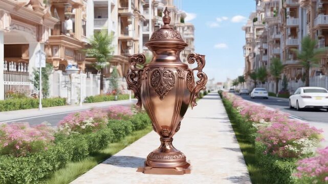 A grand ornate copper-toned urn centered on a street lined with buildings and flowers