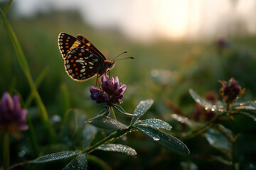 Obraz premium A beautiful butterfly perched delicately on a purple flower in a serene environment, adorned with morning dew as sunlight filters through the background, creating a magical ambiance.