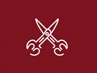 Minimalist line art depicting a pair of crossed scissors, rendered in white against a deep red background
