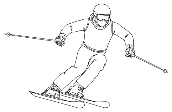 A line drawing of a skier in action, skiing down a hill, goggles, illustration, man, pole, ride, ski, ski pole, skier, slope, against transparent background