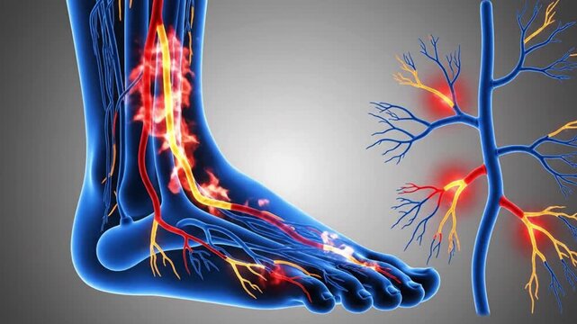 Human foot nerve pain anatomy animation showing peripheral nervous system inflammation neuropathy medical education healthcare science anatomy visualization