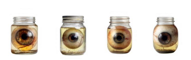a series of preserved human eyeballs in glass jars displayed in a row on transparent background
