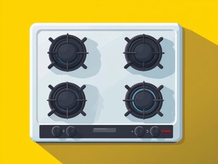 Overhead, graphic illustration depicting a white, four-burner stovetop with dark burners, control knobs, and a subtle shadow