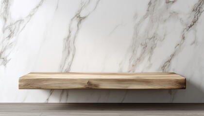 Wooden Plank Shelf Against White Marble Wall: Ideal For Product Display Or Montage Creation. Perfect Mockup For Showcasing Products Or Creating Compositions.