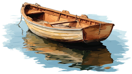 Obraz premium Serene Wooden Rowboat Floating in Peaceful Waters with Outlined Vector Illustration