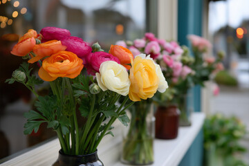 A collection of vibrant ranunculus flowers in various colors is beautifully arranged in vases, capturing the essence of spring and the charm of floral artistry.