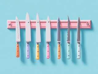 Seven stylized kitchen knives, each with a different blade and colorful handle, hang on a pastel pink rack against a light blue backdrop