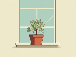 Simple illustration depicts a potted leafy plant on a window sill, with the window showing a bright blue sky. The style is flat, minimalist, and cartoon-like