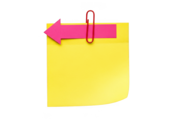 A bright pink arrow sticker attached with a red paperclip to a yellow sticky note, isolated on transparent background