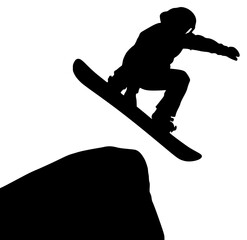 A snowboarder jumping over a cliff silhouette, cliff, hill, jump, man, person, profile, skateboarder, snowboard, snowboarder, stone, trick, against transparent background © Guli Studio