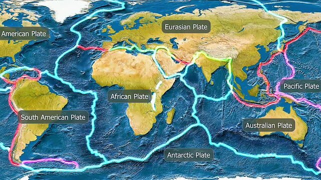 Worldwide map of tectonic plates showing continental and oceanic plates, boundaries, and fault zones.