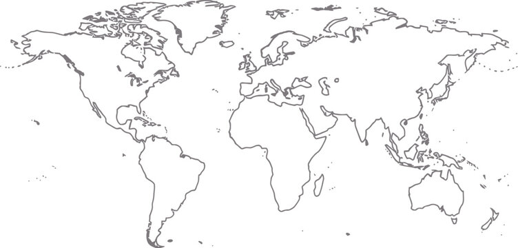 World map outline with highlighted continents and islands on a transparent background