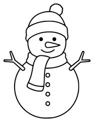 A snowman wearing a hat and scarf, with a cheerful expression, black, hat, illustration, scarf, snowman, wear, against transparent background