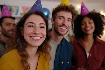 Fototapeta premium A group of four friends are gathered around, smiling and wearing colorful party hats, capturing the joy of a fun birthday celebration filled with laughter and happiness.