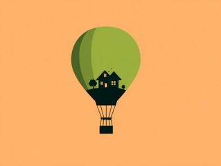 Simplified illustration of a house atop a hill, contained within a hot air balloon, against an orange background