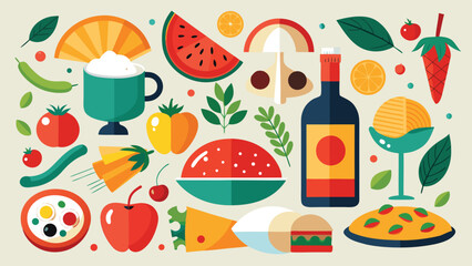 Colorful clipart of traditional Italian cuisine, showcasing pasta, pizza, and fresh ingredients on a vibrant backdrop..eps