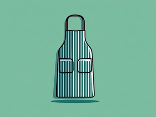 Simplified illustration of a striped kitchen apron with pockets and a top loop, casting a shadow against a teal background
