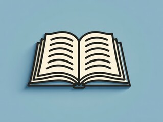 Simplified illustration of an open book with light-colored pages and a dark outline on a light blue background. The book casts a subtle shadow
