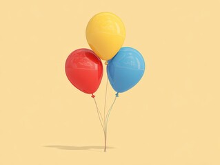 Three glossy balloons in primary colors, red, yellow, and blue, tied together with delicate strings against a solid light-yellow background