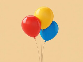 Three vibrant, glossy balloons in primary colors, red, yellow and blue, against a soft, creamy background