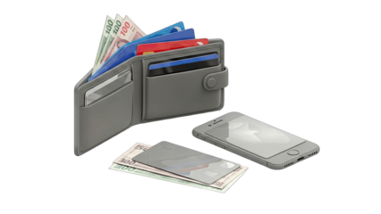 Wallet with Money, Cards, and Smartphone on White Background