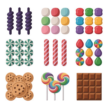 Colorful holiday candy and sweet illustration set with lollipops cookies chocolates candy canes festive flat vector collection