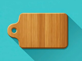 Wooden cutting board with a handle on a turquoise surface casting a shadow. Simple graphic suitable for culinary or design