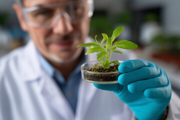 A scientist in a laboratory carefully holds a young plant in a petri dish, emphasizing the importance of research in understanding plant growth and technology's role in agriculture.
