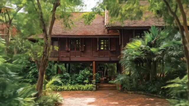 A wooden house elevated on pillars, surrounded by lush green foliage and a red brick path