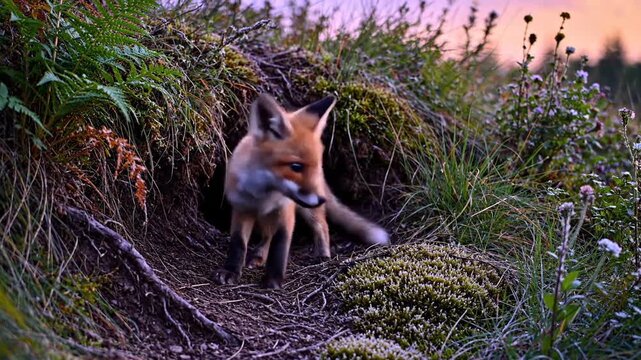 Red fox kit cautiously emerges from den at twilight