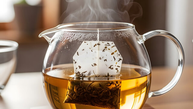 Brewing fresh tea in transparent glass teapot with teabag on wooden table top