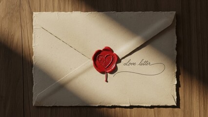 A vintage love letter envelope sealed with a red wax heart stamp. Romantic old-fashioned correspondence on a wooden table with dramatic shadows. Flat lay composition