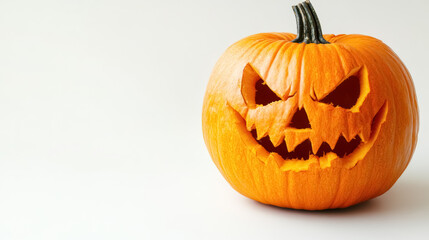 close-up of carved pumpkin with scary face isolated on white