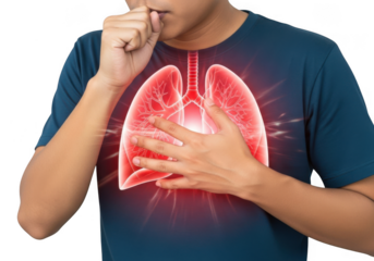 Man coughing with glowing red lungs highlighted, isolated on transparent background