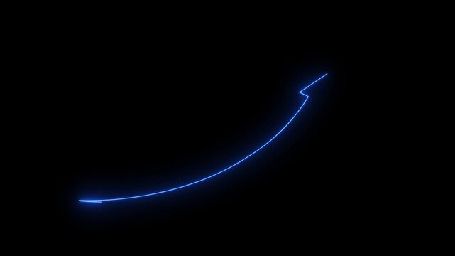 Abstract glowing neon swipe arrow. 4k animation. Down to up neon line arrow direction animation. Neon line raising business arrow on black background for growth visuals