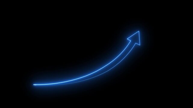 Abstract glowing neon swipe arrow. 4k animation. Down to up neon line arrow direction animation. Neon line raising business arrow on black background for growth visuals