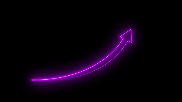 Abstract glowing neon swipe arrow. 4k animation. Down to up neon line arrow direction animation. Neon line raising business arrow on black background for growth visuals