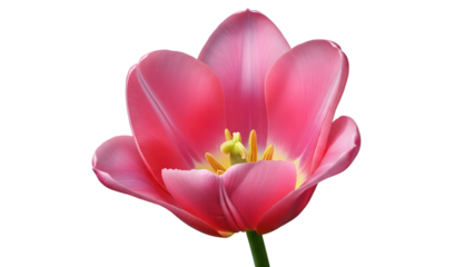 Vibrant pink tulip with yellow stamens and green stem on white background