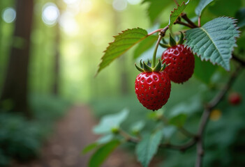 Forest in the background,free space for text on the side, berry in close-up