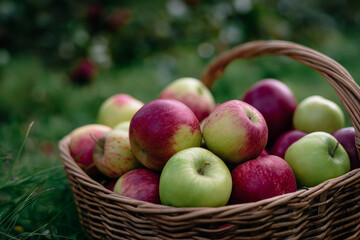 A wicker basket brimming with vibrant red and green apples captures the essence of fruitful abundance and represents the joy of nature's gifts and seasonal delights.