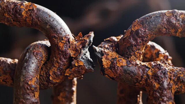 A close-up of a rusty, broken chain link. The weakest link failing under stress. Concept of failure and vulnerability