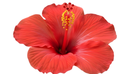 Vibrant coral red hibiscus flower with yellow stamens on white background
