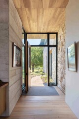 Fototapeta premium The entrance of a contemporary home features expansive glass doors that invite ample natural light to fill the space during the day