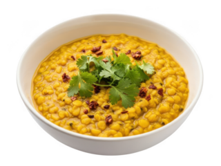 Bowl of yellow dal with herbs isolated on transparent background